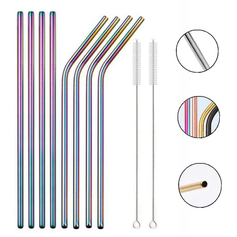 Reusable Rainbow Stainless Steel Straight Or Bent Metal Straws Party Supplies