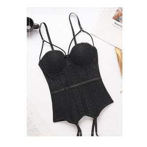 House Of Dasein Black High Elasticity Corset Bustier Cup Garter Set With Straps Lingerie