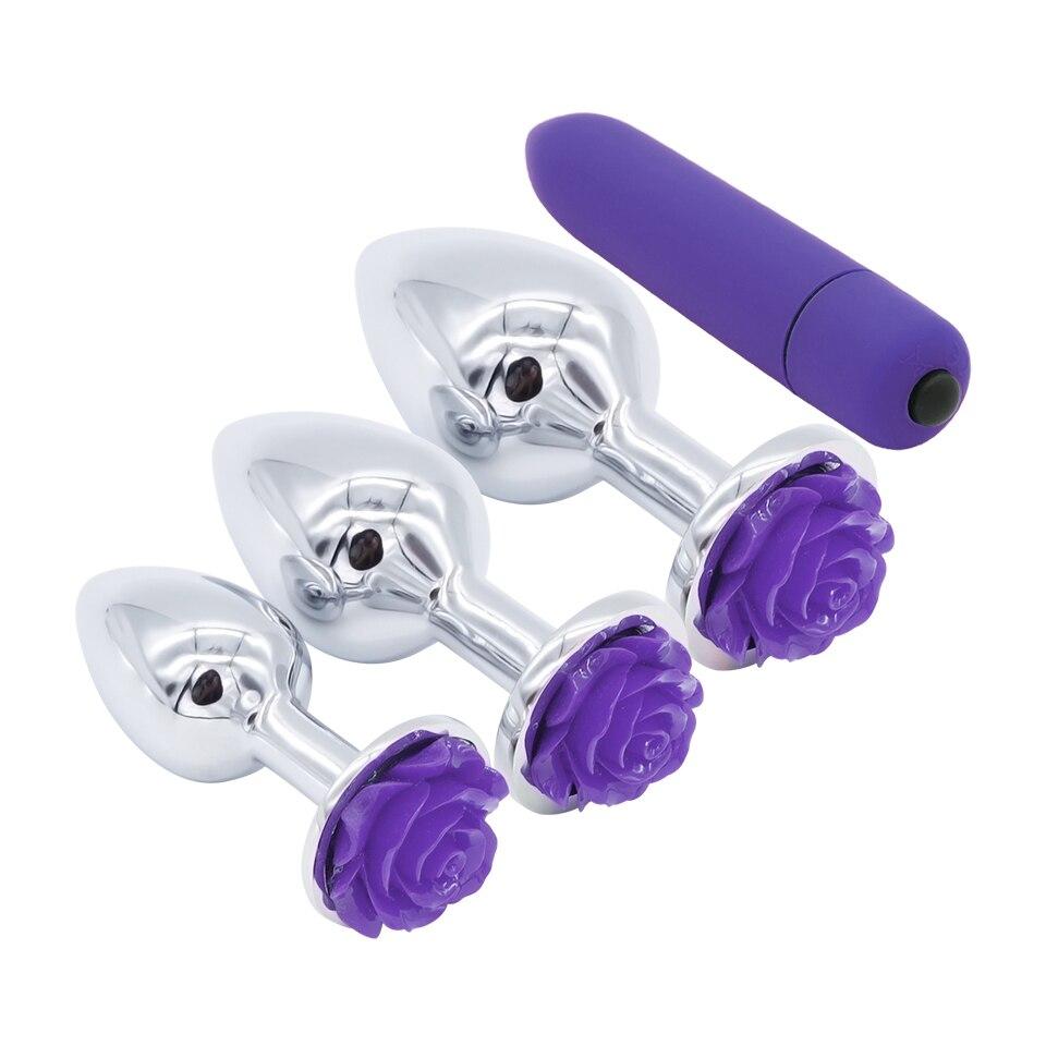 House Of Dasein Purple Rose Stainless Steel Anal Plugs 3 Sizes Vibrating Bdsm Butt Set