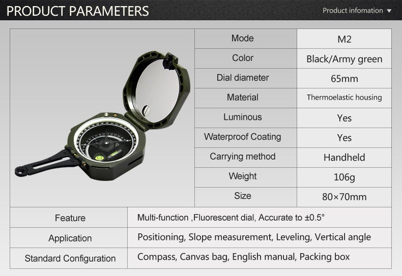 Professional Geological Compass Handheld Lightweight Outdoor Survival Military For Measuring Slope Distance