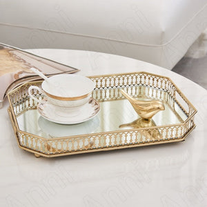 35Cm Gold Rectangle Glass Mirror Base Metal Vanity Food Serving Organiser Tray