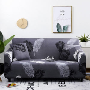 4 Seater Sofa Cover Gray Feather Style Elastic Stretchable Slipcover For Living Room