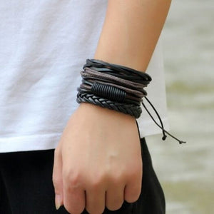 Retro Diy Woven Leather Men Bracelet 4Pcs Multi A