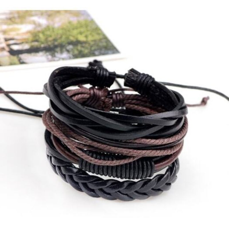 Retro Diy Woven Leather Men Bracelet 4Pcs Multi A