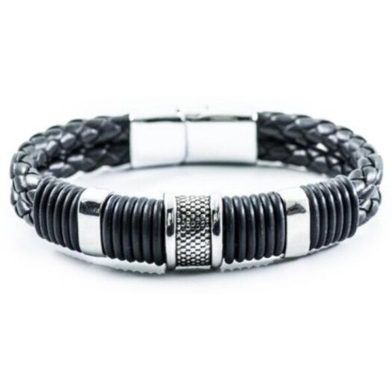 Veile Studios Retro Fashion Personality Double Woven Leather Bracelet Stainless Steel Magnet Buckle Silver