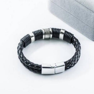 Veile Studios Retro Fashion Personality Double Woven Leather Bracelet Stainless Steel Magnet Buckle Silver