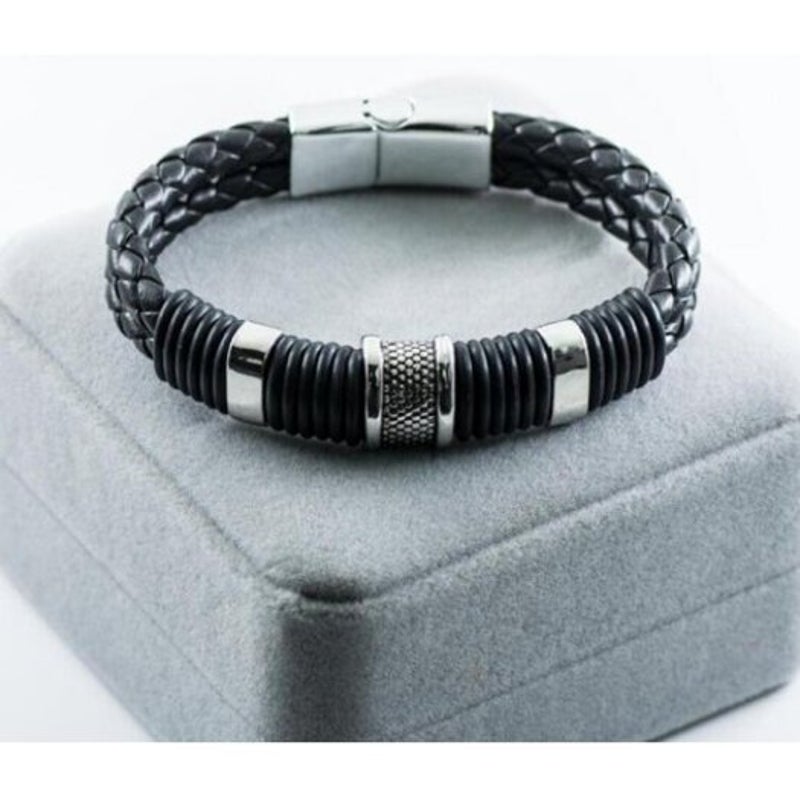 Veile Studios Retro Fashion Personality Double Woven Leather Bracelet Stainless Steel Magnet Buckle Silver