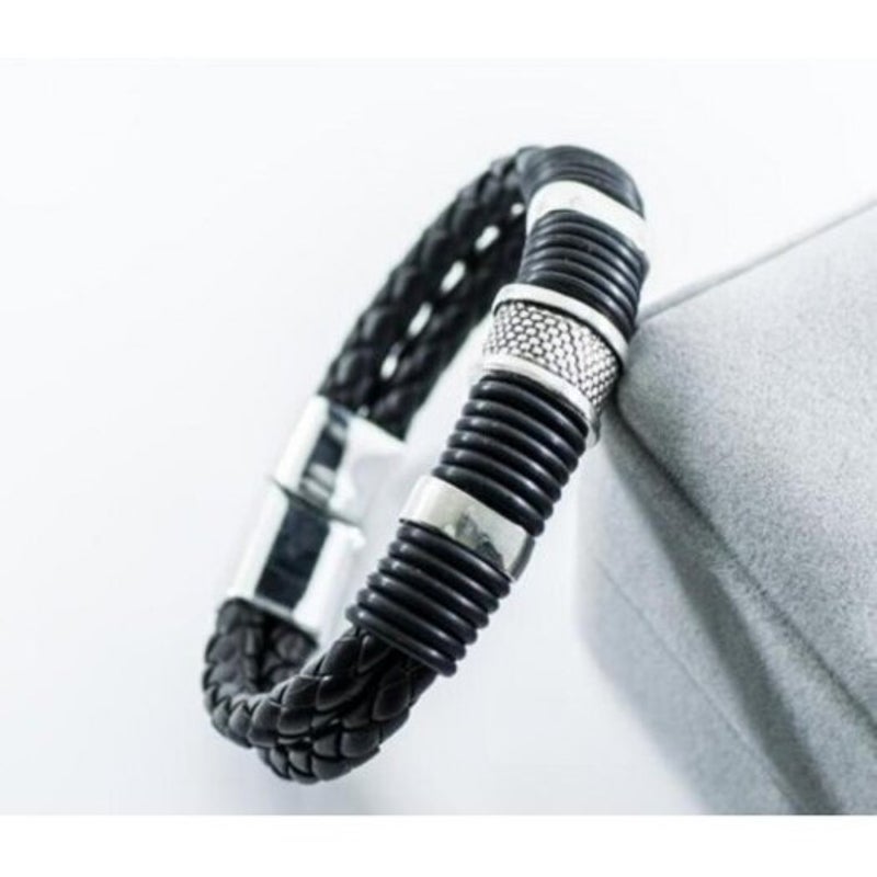 Veile Studios Retro Fashion Personality Double Woven Leather Bracelet Stainless Steel Magnet Buckle Silver