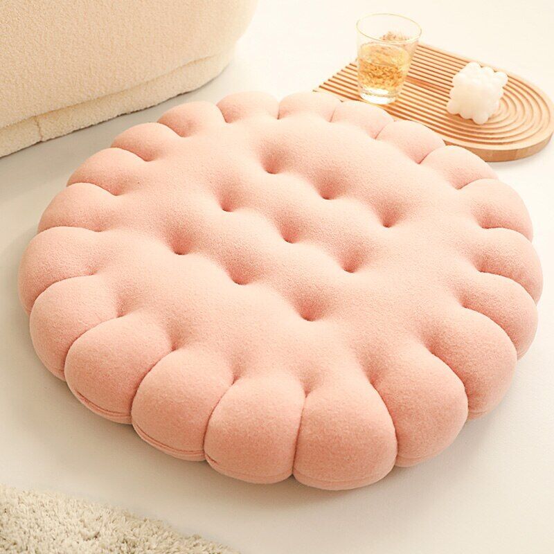 Plush Pink Round Biscuit Shape Stuffed Soft Pillow Cushion For Decor