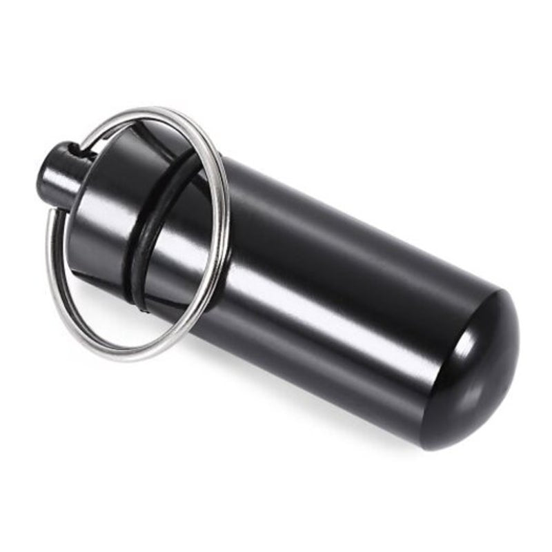 S Size Round Bottom Waterproof Air Tight Drug Container Pill Barrel Holder With Keychain Black