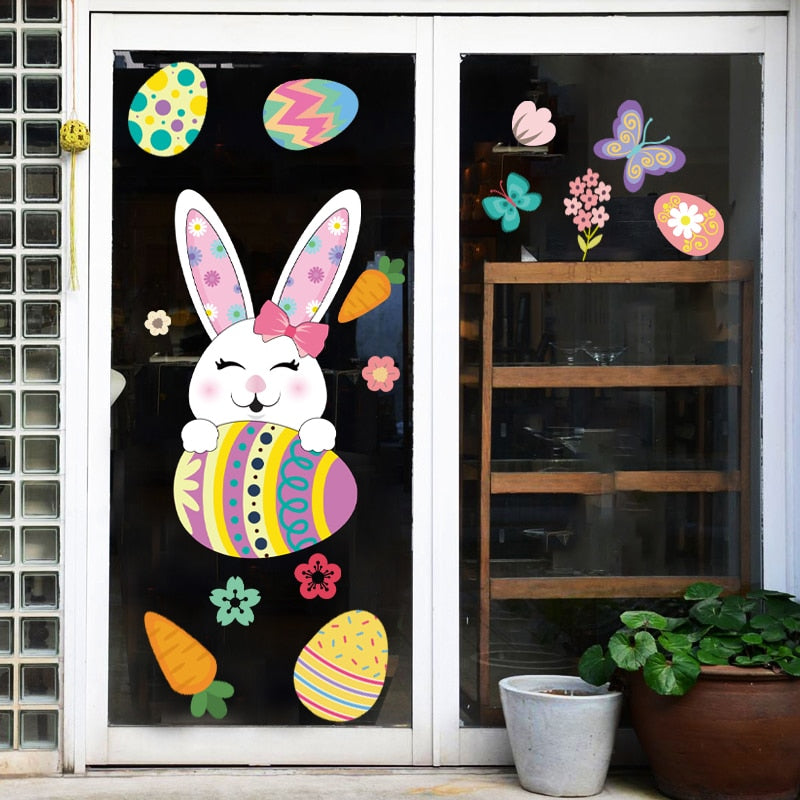 Cute Happy Easter Rabbit Chick Bunny Window Stickers Wall Decals