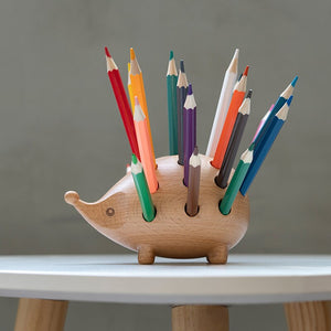 Solid Wood Carved Hedgehog Pencil Holder Nordic Decor Storage
