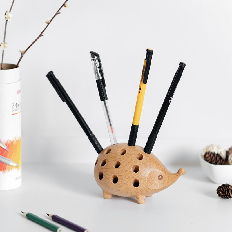 Solid Wood Carved Hedgehog Pencil Holder Nordic Decor Storage