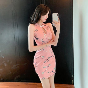 Sexy Qipao Pink Short Dress Traditional Chinese Floral Print Cheongsam Women
