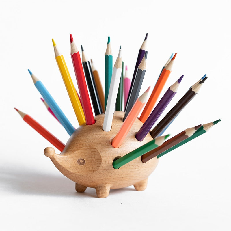 Solid Wood Carved Hedgehog Pencil Holder Nordic Decor Storage