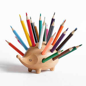 Solid Wood Carved Hedgehog Pencil Holder Nordic Decor Storage