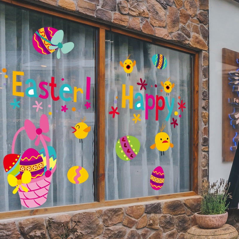 Cute Happy Easter Rabbit Chick Bunny Window Stickers Wall Decals