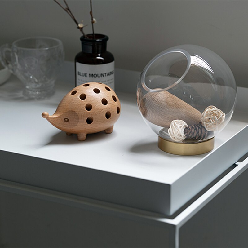 Solid Wood Carved Hedgehog Pencil Holder Nordic Decor Storage