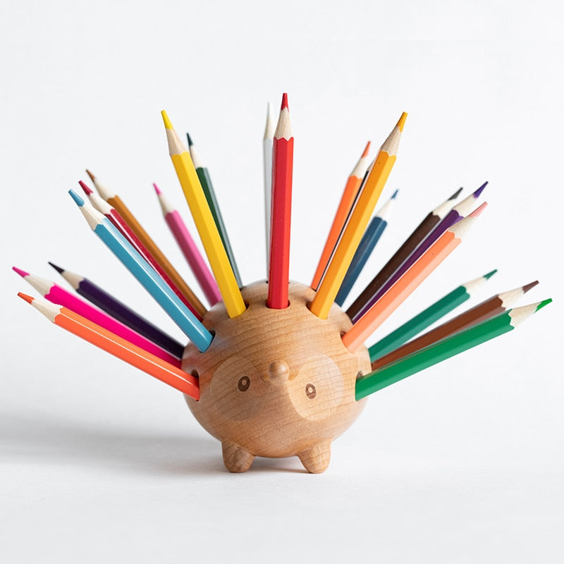 Solid Wood Carved Hedgehog Pencil Holder Nordic Decor Storage