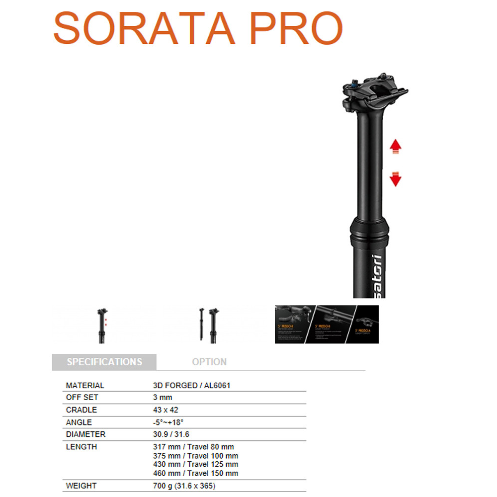 Satori Sorata Pro Height Adjustable Dropper Seatpost Internal Cable 31.6 Diameter 150Mm Travel