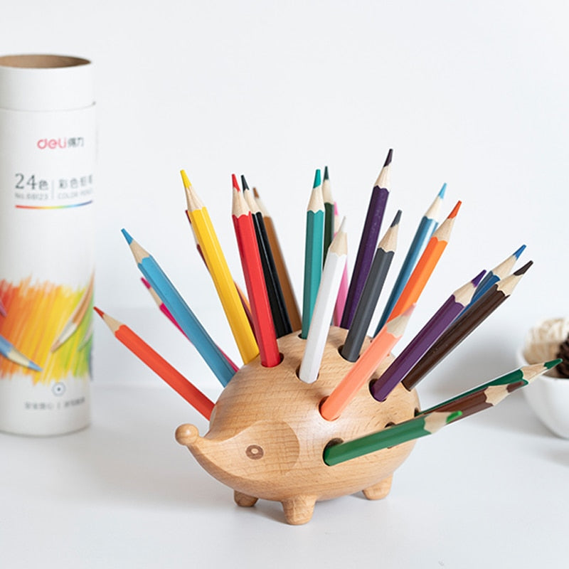 Solid Wood Carved Hedgehog Pencil Holder Nordic Decor Storage
