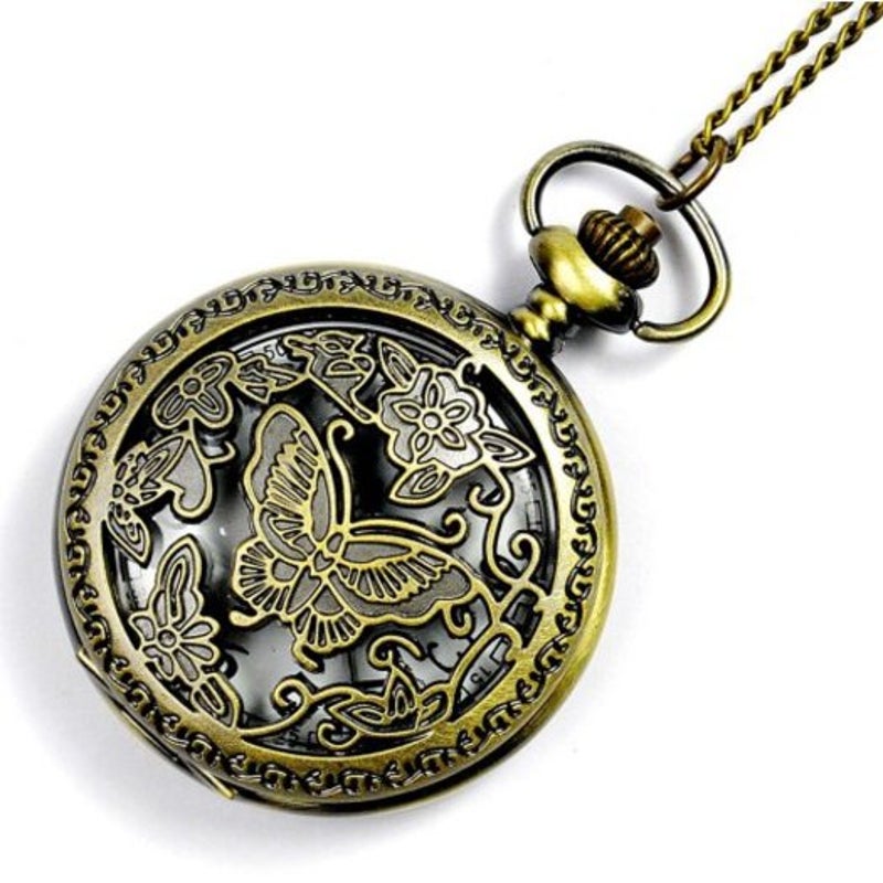 Veile Studios Seasonal 3152438 Retro Exquisite Butterfly Carved Flower Hollow Pocket Watch Champagne Gold