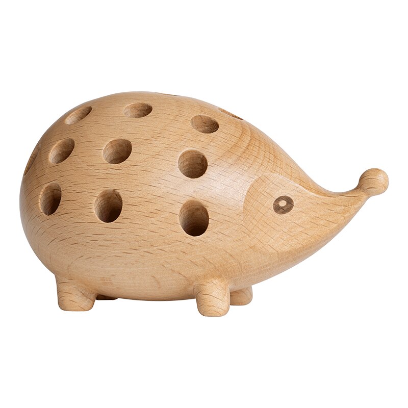 Solid Wood Carved Hedgehog Pencil Holder Nordic Decor Storage