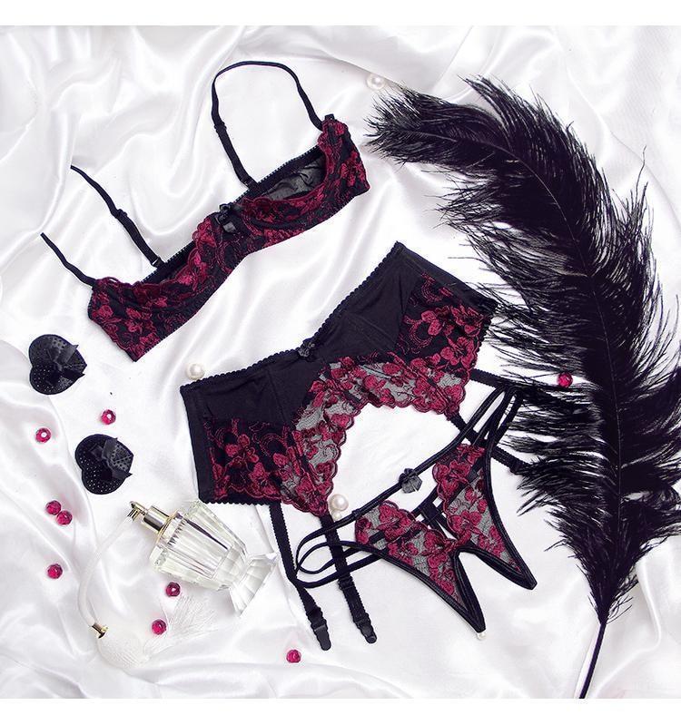 House Of Dasein Seductive Lingerie Set Red Black Kawaii Women