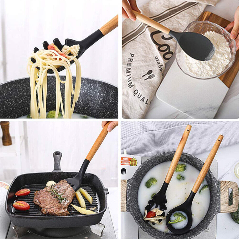 Premium Silicone 10 Piece Cooking Utensils Set With Bamboo Wood Handles