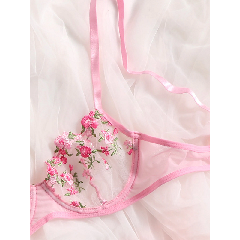 Sexy Sheer Delicate Floral Embroidery Transparent Lingerie Bra Panties Set