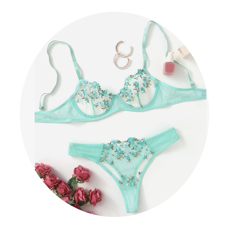 Sexy Sheer Delicate Floral Embroidery Transparent Lingerie Bra Panties Set