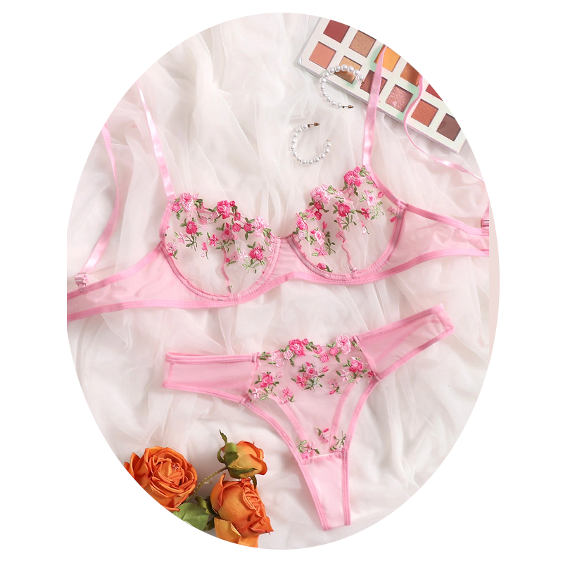 Sexy Sheer Delicate Floral Embroidery Transparent Lingerie Bra Panties Set