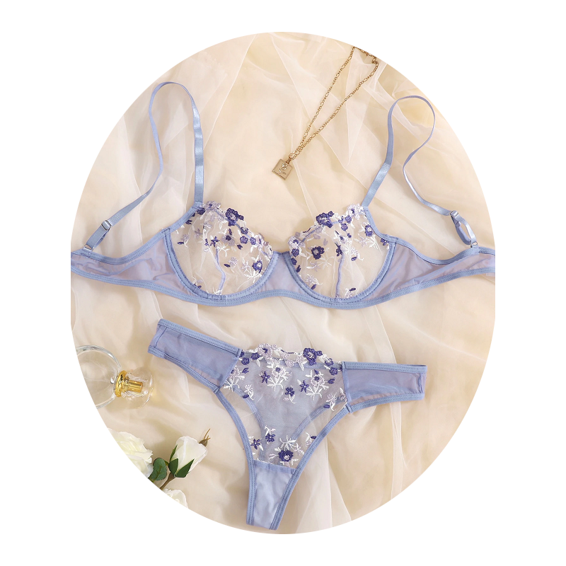 Sexy Sheer Delicate Floral Embroidery Transparent Lingerie Bra Panties Set