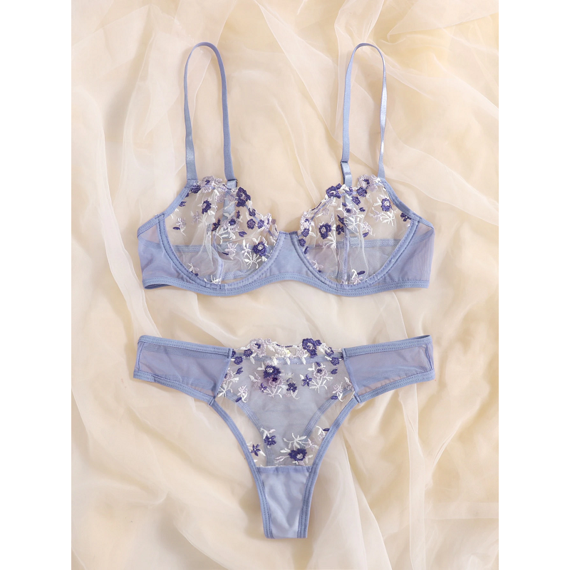 Sexy Sheer Delicate Floral Embroidery Transparent Lingerie Bra Panties Set