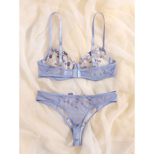 Sexy Sheer Delicate Floral Embroidery Transparent Lingerie Bra Panties Set