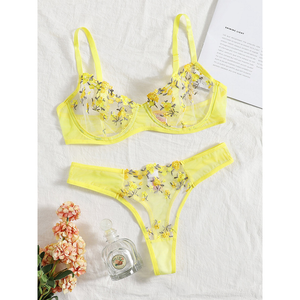 Sexy Sheer Delicate Floral Embroidery Transparent Lingerie Bra Panties Set