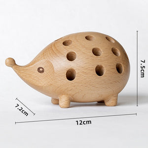 Solid Wood Carved Hedgehog Pencil Holder Nordic Decor Storage