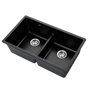 Cefito Stone Kitchen Sink 790X460mm Granite Under/Topmount Basin Double Bowl Black