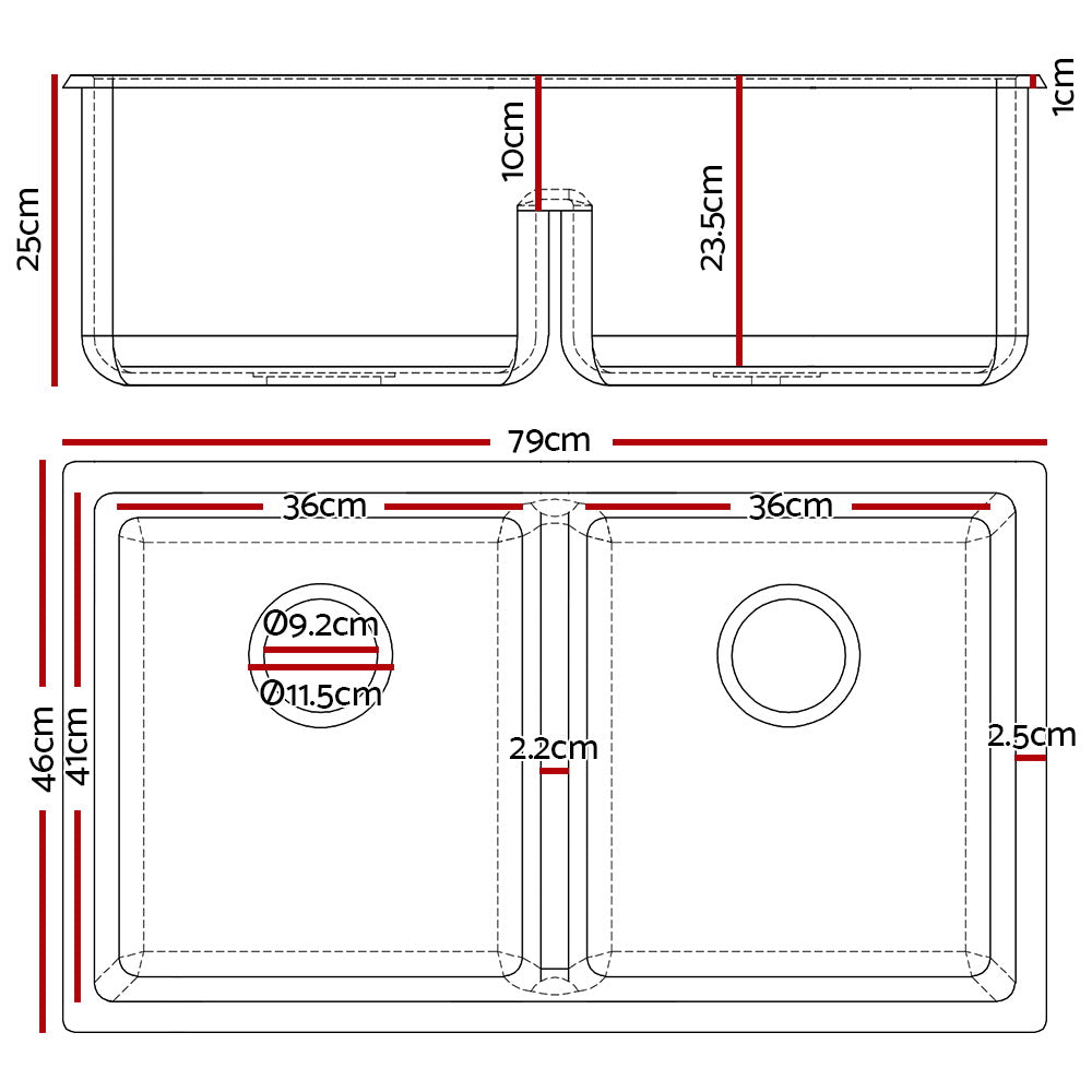 Cefito Stone Kitchen Sink 790X460mm Granite Under/Topmount Basin Double Bowl Black