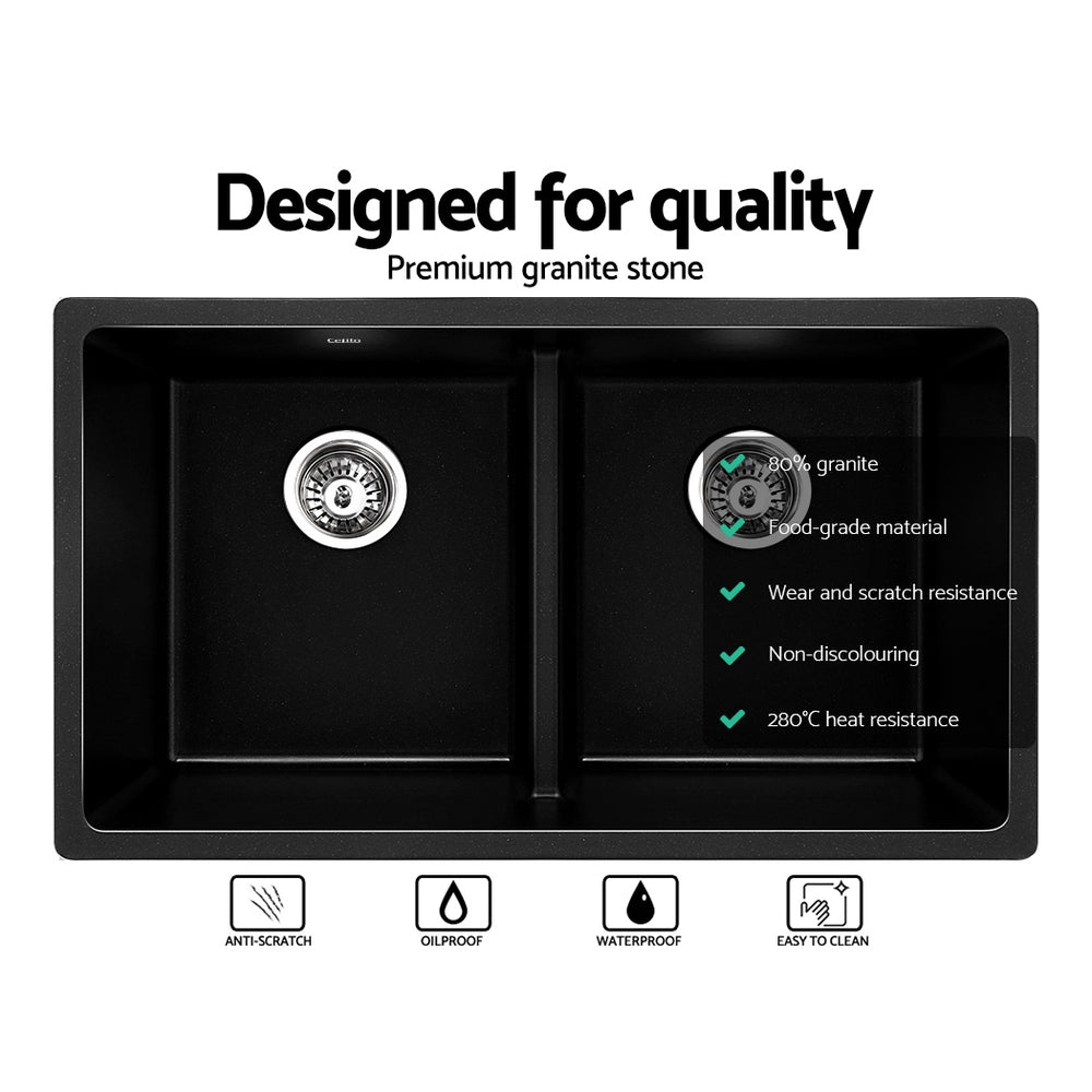 Cefito Stone Kitchen Sink 790X460mm Granite Under/Topmount Basin Double Bowl Black