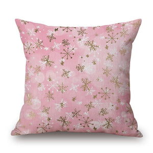 Snowflakes On Pink Cotton Linen Pillow Cover