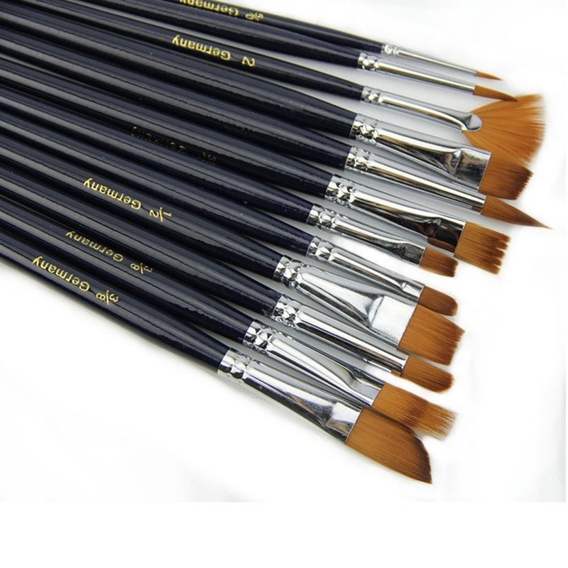 Soft 12 Pcs Black Pro Paint Nylon Hair Painting Brushes Set For Artist Watercolor Oil Acrylic