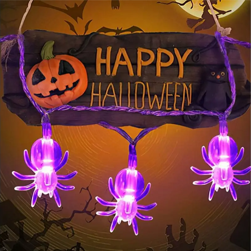 Solar Led String 6.5M 30 Lights Purple Lamp Spider Bat Ornaments Halloween Decoration Waterproof Garden