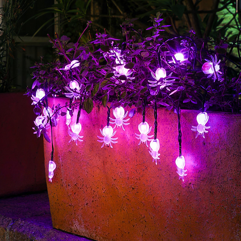 Solar Led String 6.5M 30 Lights Purple Lamp Spider Bat Ornaments Halloween Decoration Waterproof Garden