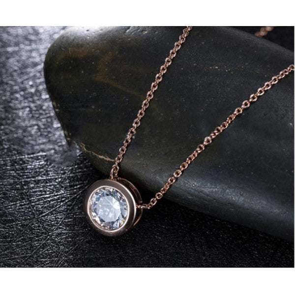 Solitaire Cubic Zirconia Bezel Necklace Rose Gold