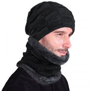 T0174 Men's Fall Winter Keep Warm Hat Set With Scarf Checkered Thick Design Skullies Beanie Black