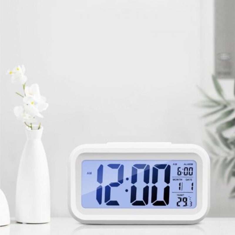 Timer Calendar Temperature Alarm Clock For Bedroom White 13.8X8x4.5Cm