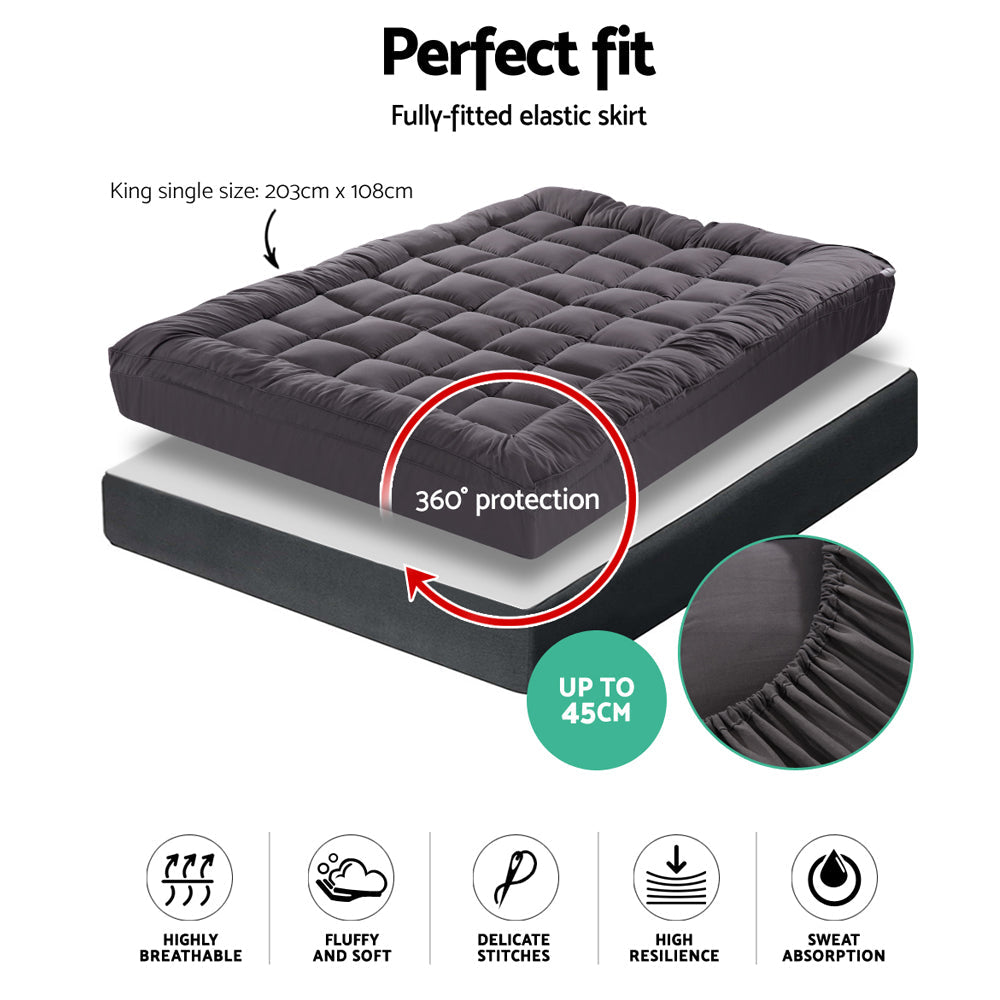 Giselle King Single Mattress Topper Pillowtop 1000Gsm Charcoal Microfibre Bamboo Fibre Filling Protector