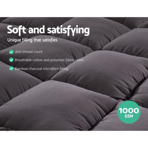 Giselle King Single Mattress Topper Pillowtop 1000Gsm Charcoal Microfibre Bamboo Fibre Filling Protector