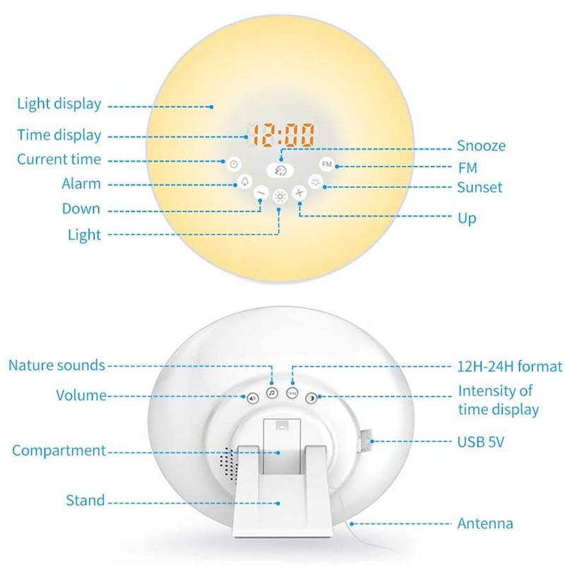 Led Sunrise Sunset Touch Sensing Digital Alarm Clock Night Light Wake Up Lighting